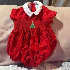 Dondolo Smocked Red Christmas Tree Bubble Romper Collar 12 months TBBC